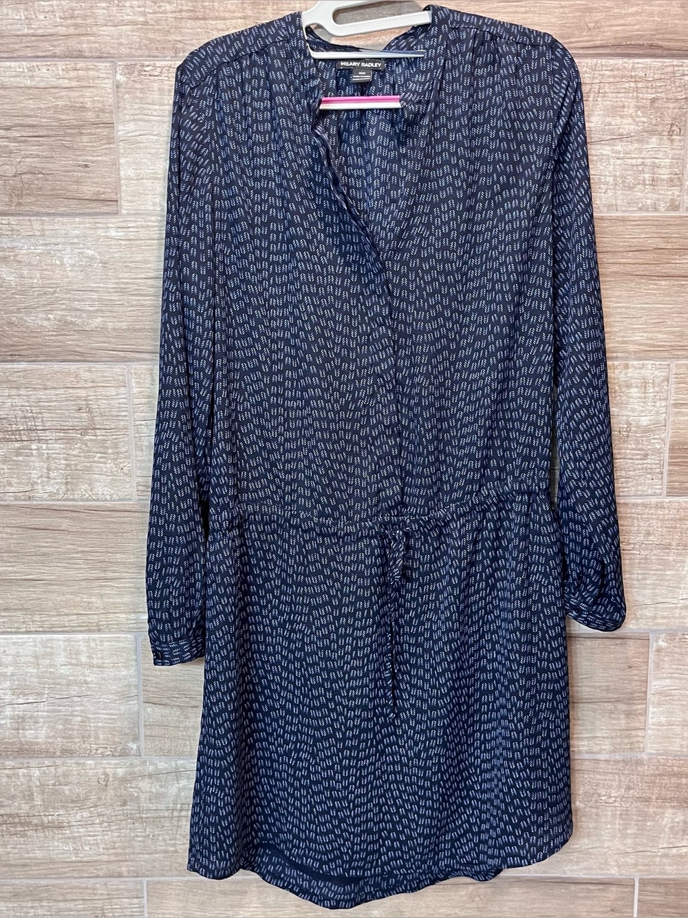 Wrinkle Free Hilary Radley Navy Printed Long-Sleeve Drawstring Dress